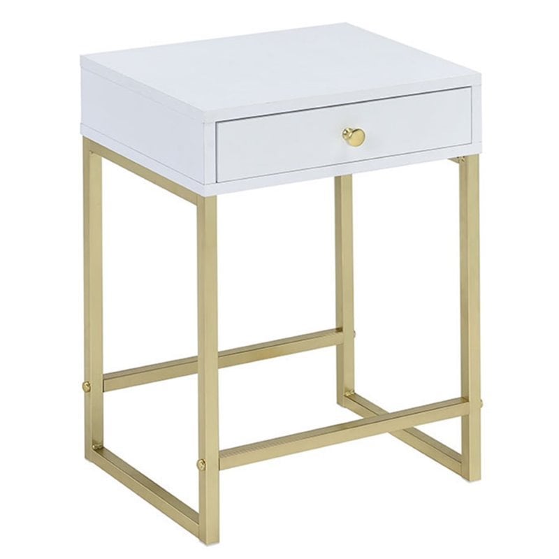 ACME Coleen 1-Drawer Metal Tube End Table in White and Brass