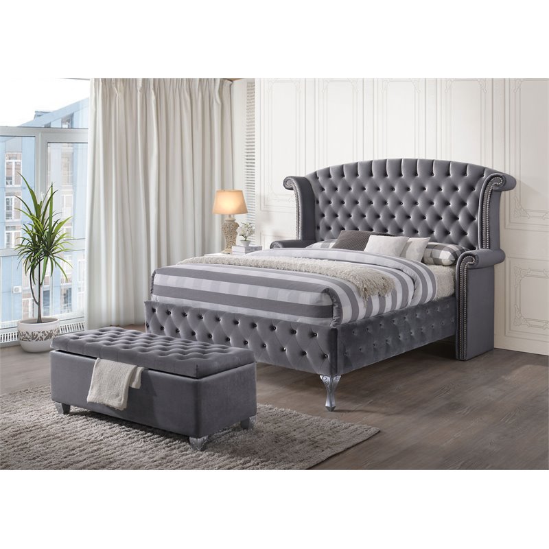 ACME Rebekah Fabric Tufted Upholstered Bench with Storage in Gray