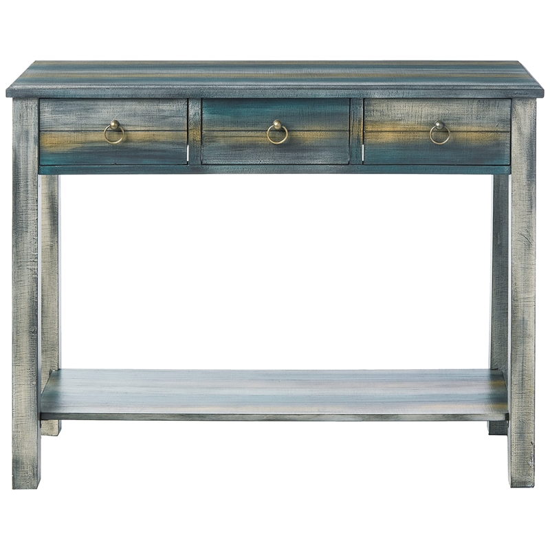 ACME Glancio 3 Drawers Wooden Console Table in Antique Gray and Teal