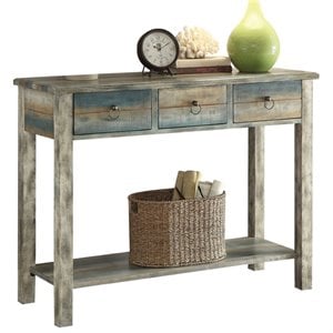 acme glancio 3 drawers wooden console table in antique gray and teal