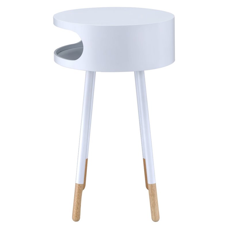 ACME Sonria Round Wooden End Table with 1 Compartment in White and Natural