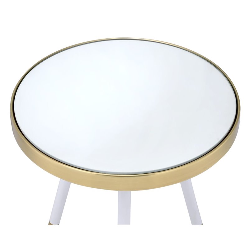Acme Mazon Round Mirror Top End Table In Antique Brass And White