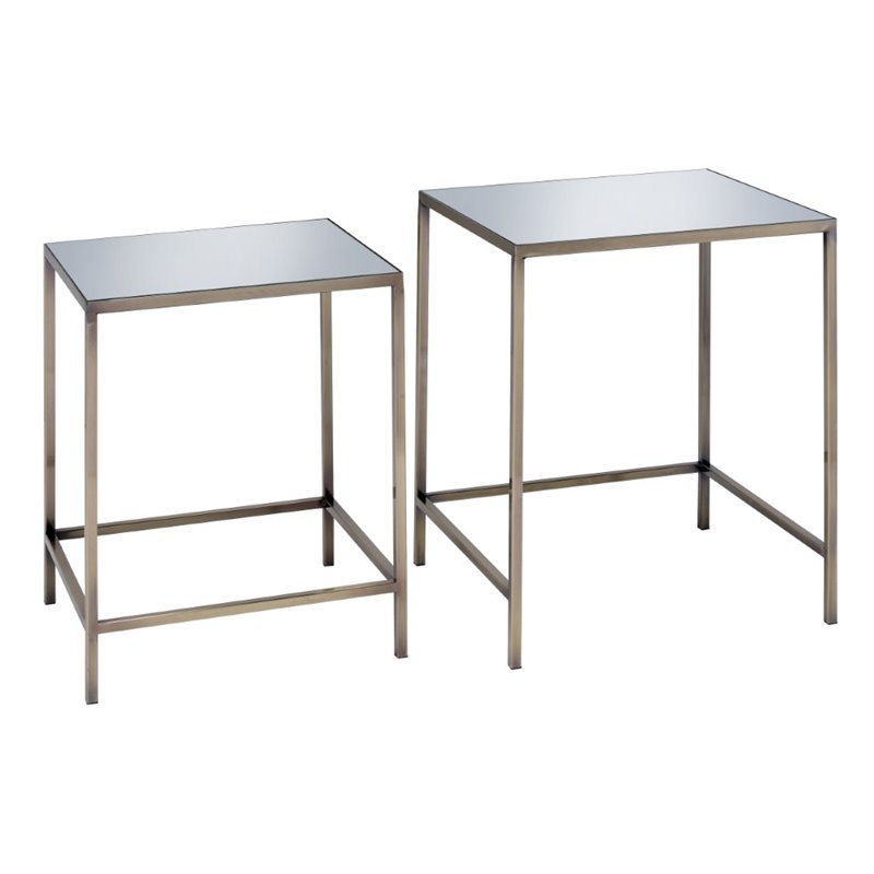 Acme Yumia 2 Piece Mirror Top Nesting Table Set In Antique Brass 84475 Acme Yumia 2 Piece Mirror Top Nesting Table Set In Antique Brass