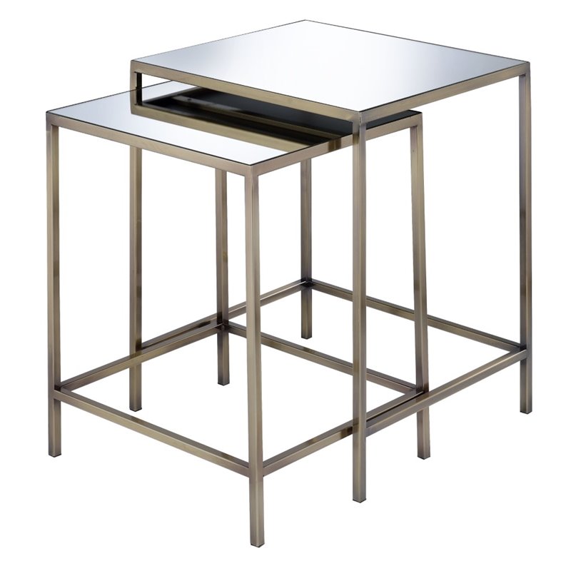 Acme Yumia 2 Piece Mirror Top Nesting Table Set In Antique Brass 84475 Acme Yumia 2 Piece Mirror Top Nesting Table Set In Antique Brass