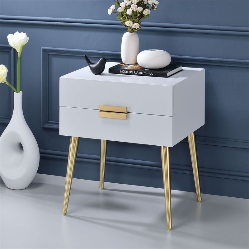 ACME Denvor Wood and Metal 2-Drawer End Table in White and Gold