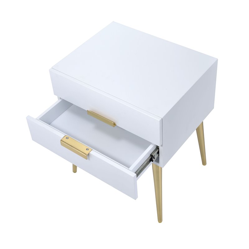 ACME Denvor Wood and Metal 2-Drawer End Table in White and Gold