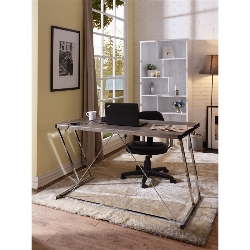 ACME Finis Wooden Top Writing Desk with USB Dock in Weathered Oak and Chrome