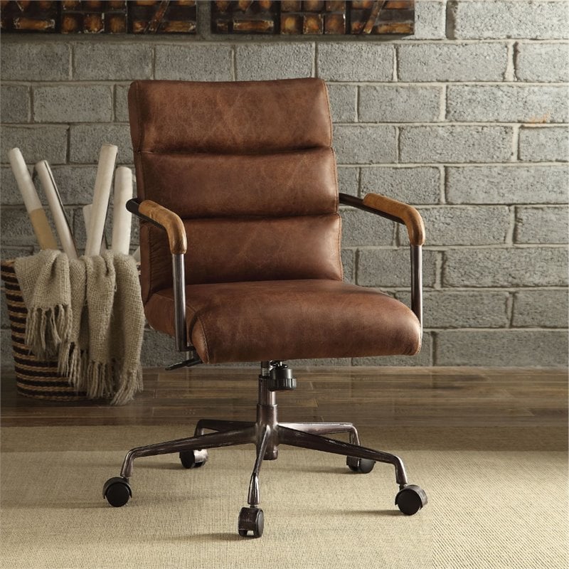 Acme Harith Leather Swivel Office Chair, Brown Leather Swivel Chair Office