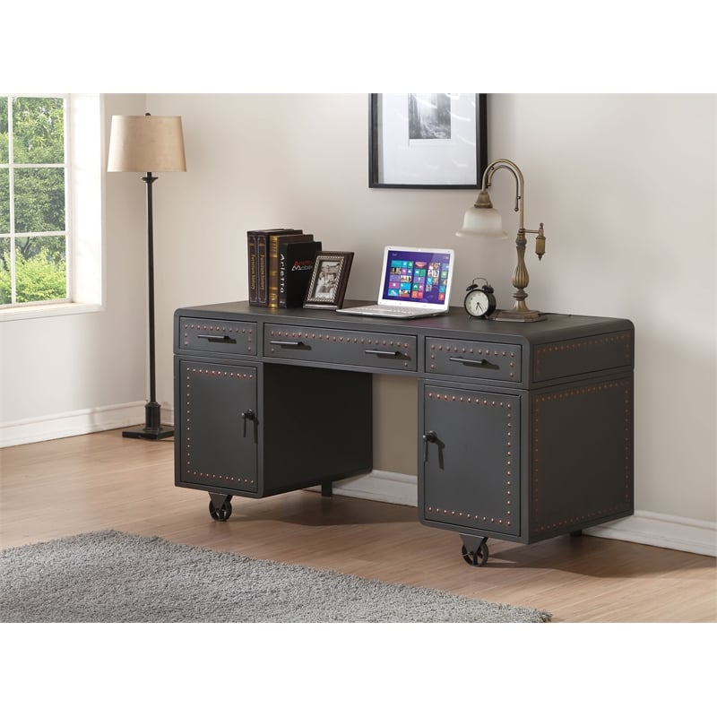 ACME Actaki 3-Drawer Wooden Executive Desk with 2 Doors in Sandy Gray