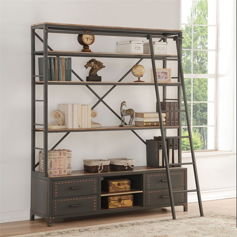 ACME Actaki Rectangular 64-inch Etagere Bookcase with Ladder in Sandy Gray Wood