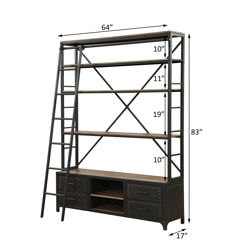 ACME Actaki Rectangular 64-inch Etagere Bookcase with Ladder in Sandy Gray Wood