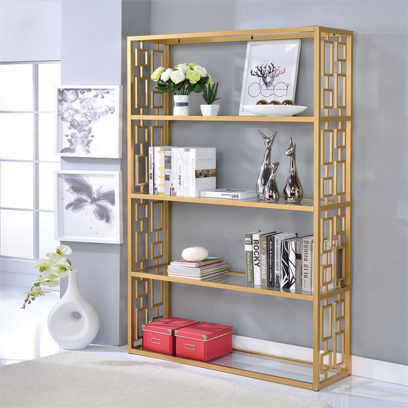 Acme Blanrio Etagere Bookcase In Clear Glass And Gold 92465 Acme Blanrio Etagere Bookcase In Clear Glass And Gold