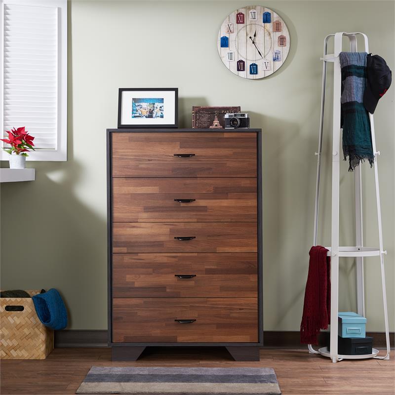 ACME Eloy Wooden Rectangular Chest with 5 Storage Drawers in Walnut and Espresso