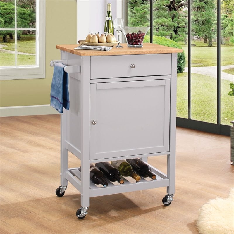 ACME Hoogzen 1-Drawer Wooden Kitchen Cart with 1 Door in Natural and Gray