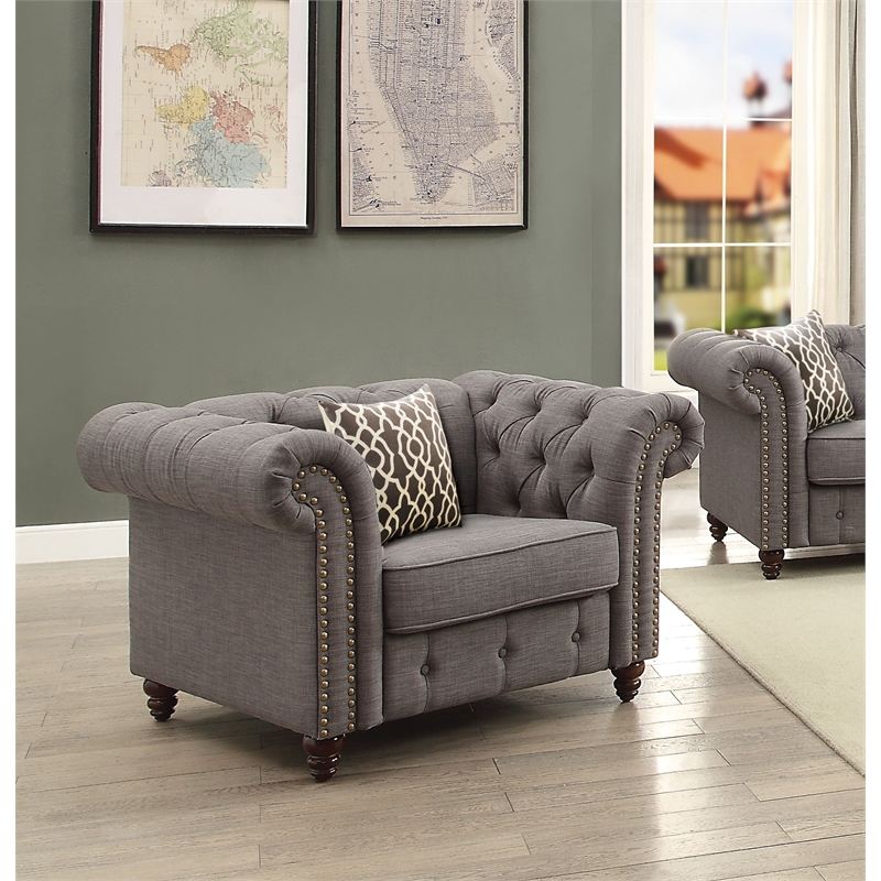 ACME Aurelia Tuxedo Tufted Arm Chair with Nailhead Trim in Brown Fabric