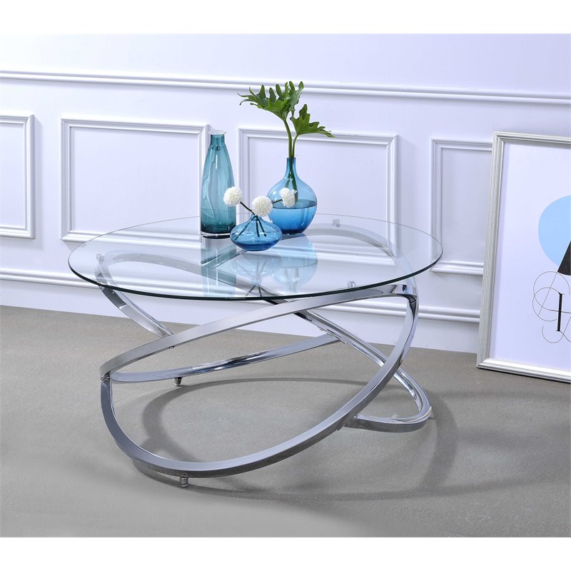 ACME Furniture Marlon Round Glass & Metal Coffee Table in Clear/Chrome