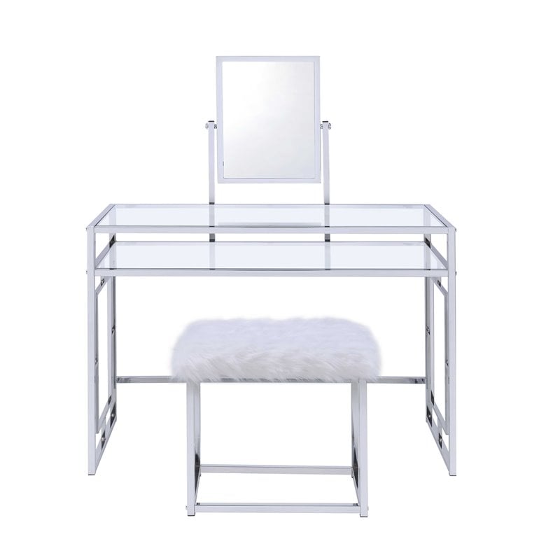 ACME Josh Metal Frame Vanity and Stool in White and Chrome