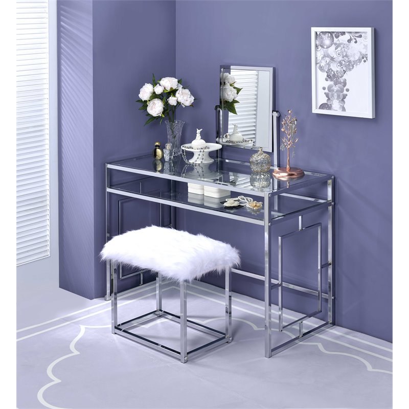 ACME Josh Metal Frame Vanity and Stool in White and Chrome