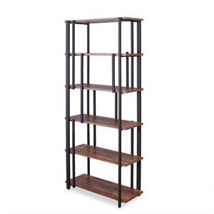 acme sara wood 6-shelf etagere bookcase in walnut and sandy black