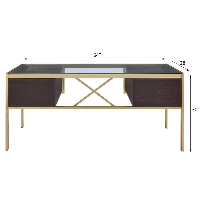 ACME Yumia Glass Rectangle Top 4-Drawer Writing Desk in Gold and Clear Glass
