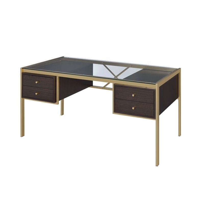 Acme Yumia Glass Top Writing Desk In Clear Glass And Gold 92785