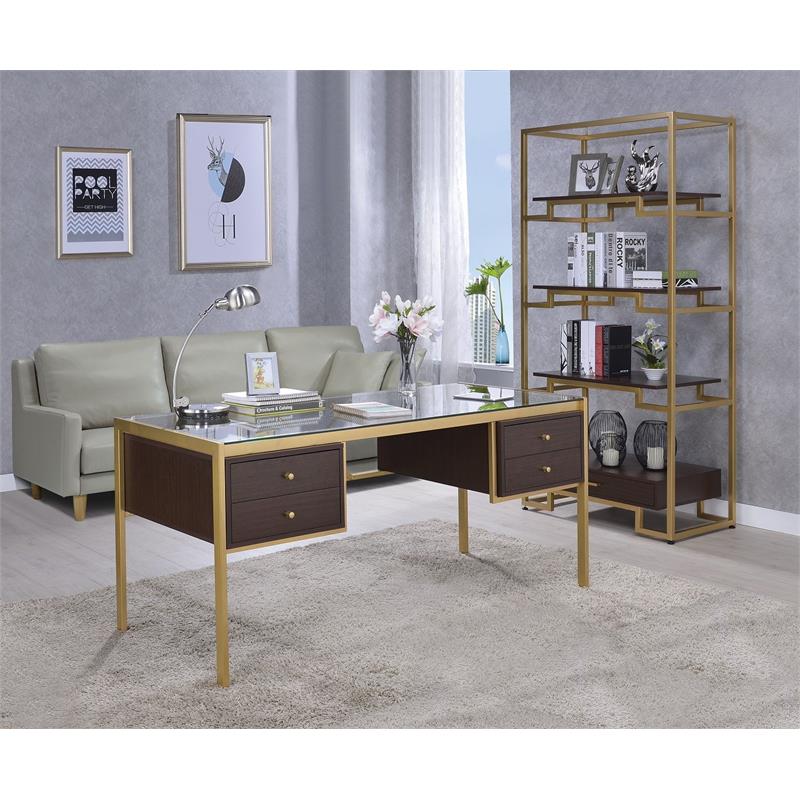 ACME Yumia Wooden Tiers Etagere Bookshelf in Gold and Clear Glass