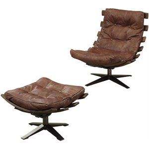 acme gandy leather tufted swivel swayback chair with ottoman