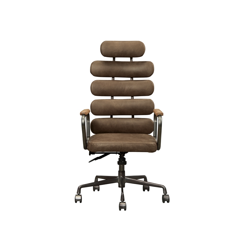 ACME Calan Leather High Back Adjustable Swivel Office Chair in Brown