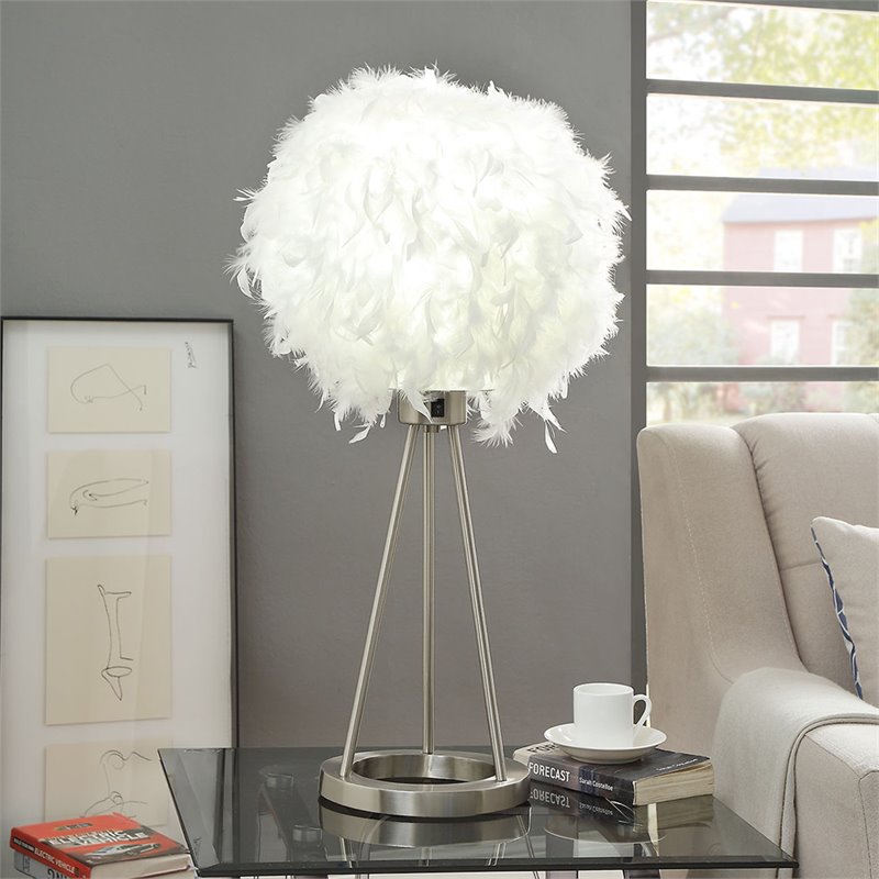 ACME Theodosia Feather Table Lamp with Metal Base in White and Nickel