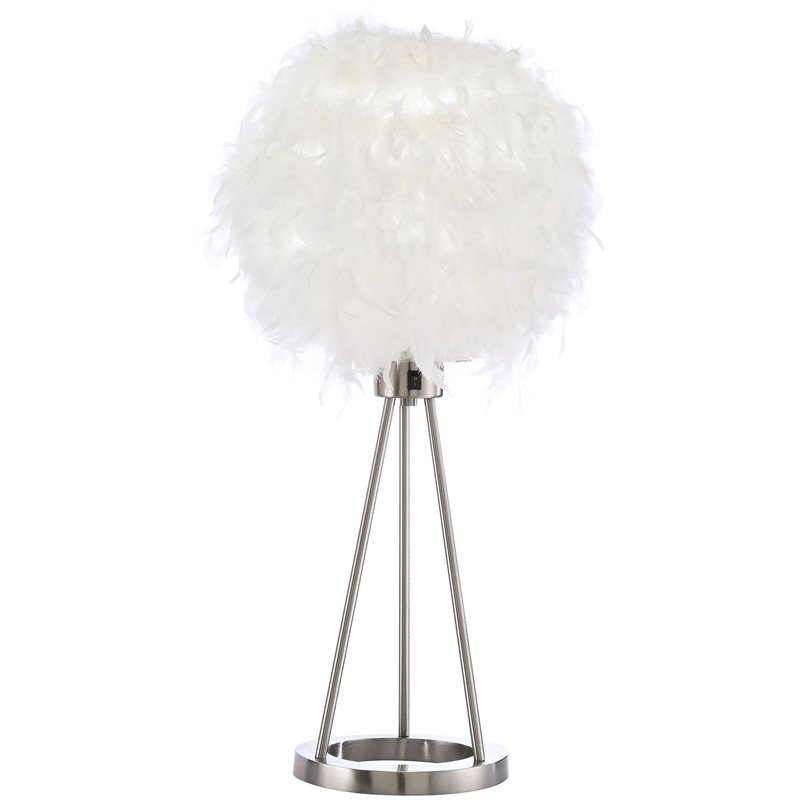 ACME Theodosia Feather Table Lamp with Metal Base in White and Nickel