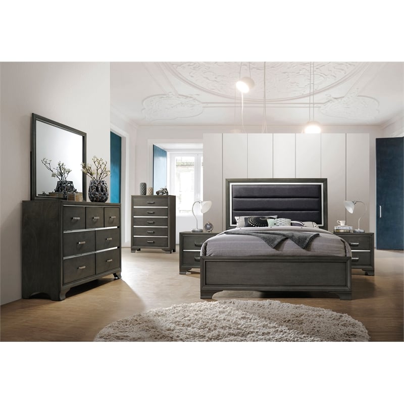 ACME Carine II Wooden Upholstered King Panel Bed in Gray