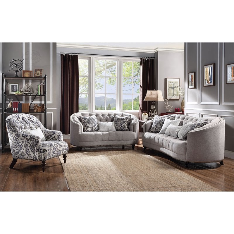 ACME Saira Button Tufted Sofa with 5 Pillows in Light Gray Fabric