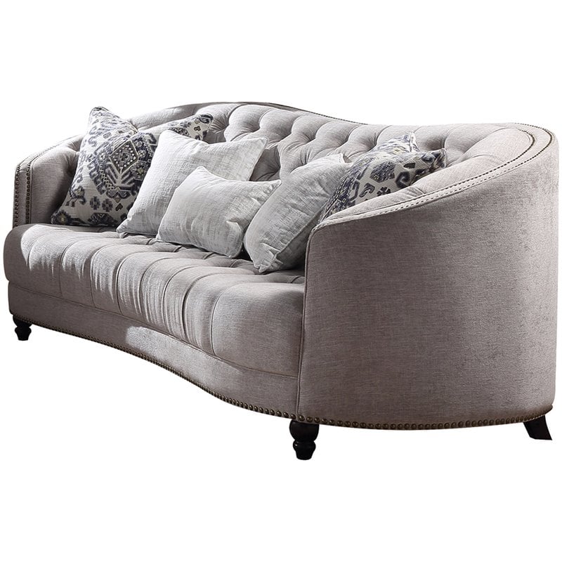 ACME Saira Button Tufted Sofa with 5 Pillows in Light Gray Fabric