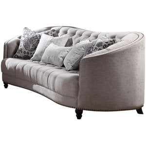 ACME Saira Button Tufted Sofa with 5 Pillows in Light Gray Fabric