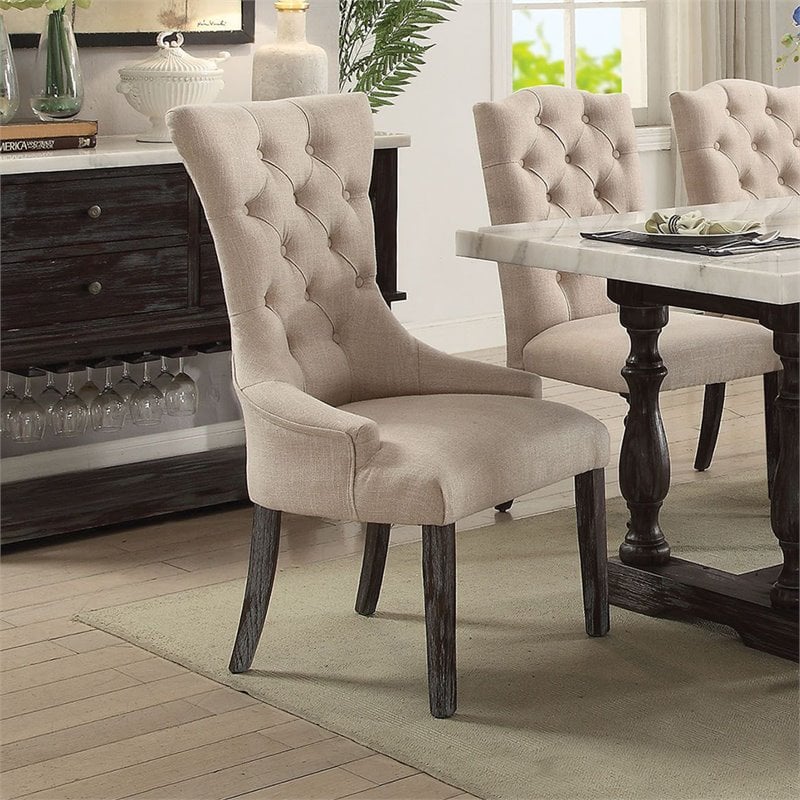 ACME Gerardo Fabric Tufted Dining Side Chair in Beige and Weathered Espresso
