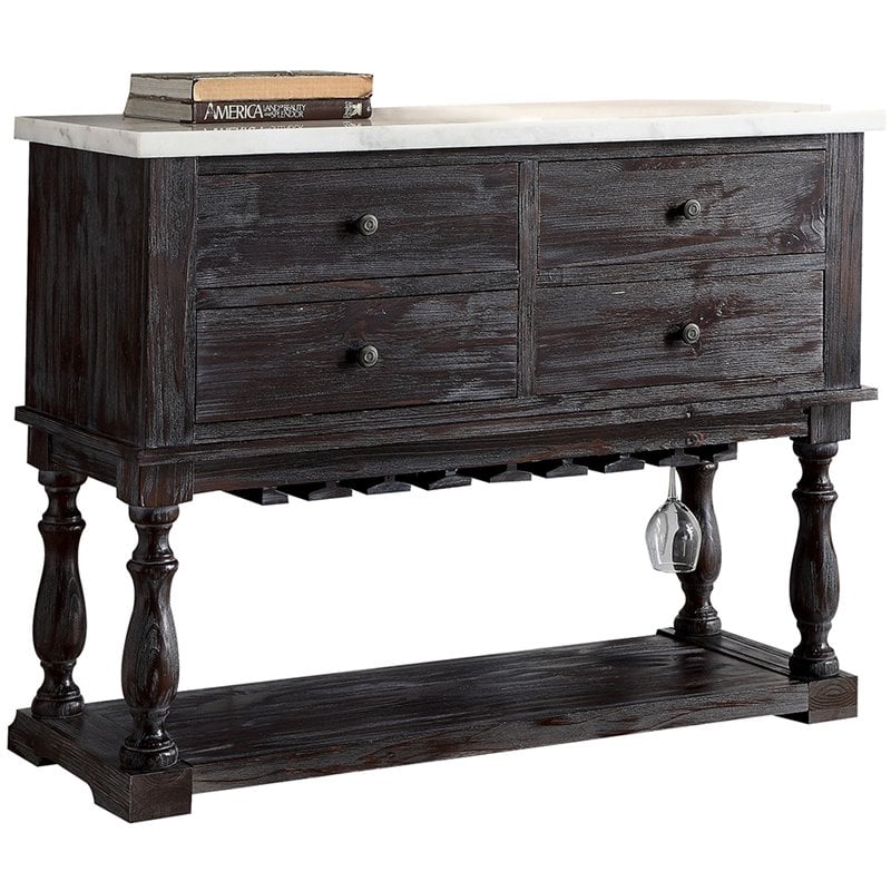 ACME Gerardo 4-Drawer Wooden Marble Top Server in White and Weathered Espresso
