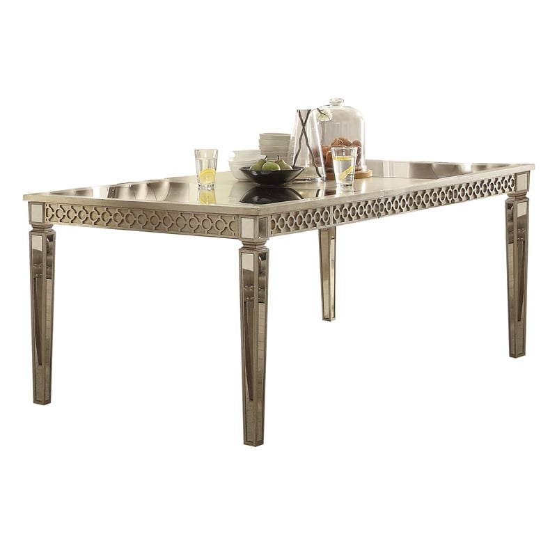 ACME Kacela Rectangular Wood Extendable Dining Table in Champagne and Mirrored