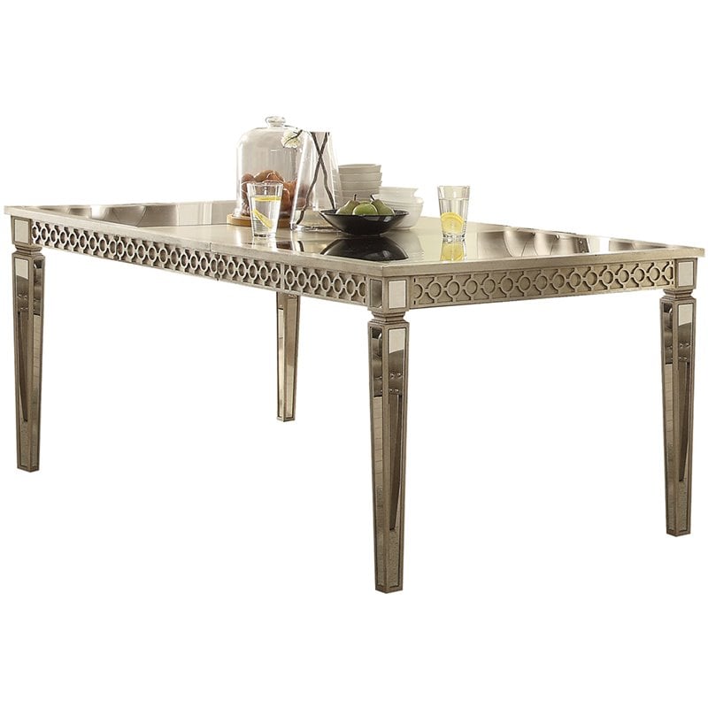 ACME Kacela Rectangular Wood Extendable Dining Table in Champagne and Mirrored
