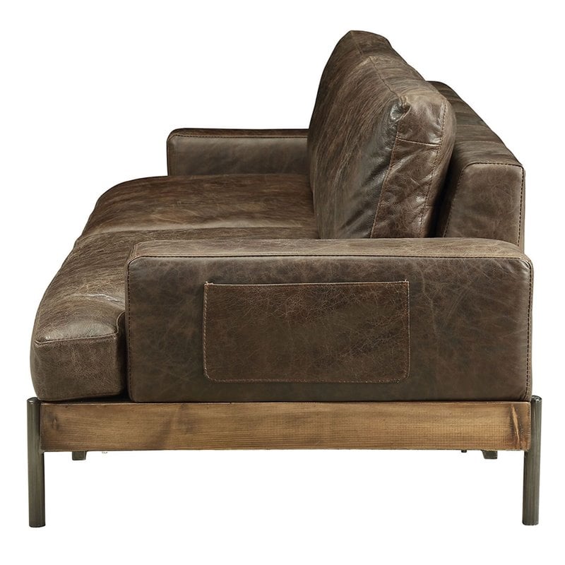 Acme Silchester Leather Sofa In Oak And, Distressed Leather Couch