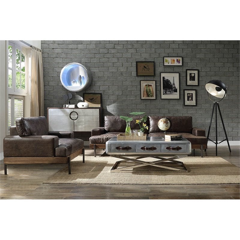 ACME Silchester Leather Sofa in Oak and Distress Chocolate