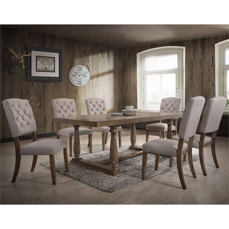 ACME Bernard Line Fabric Tufted Dining Side Chair in Cream and Weathered Oak