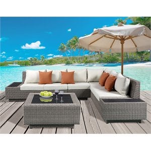 acme salena 3 piece wicker patio sectional set in beige and gray