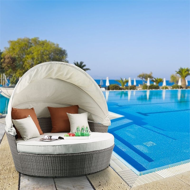 ACME Salena Wicker / Rattan Patio Canopy Daybed in Beige and Gray