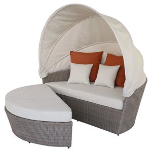 acme salena wicker patio canopy daybed in beige and gray