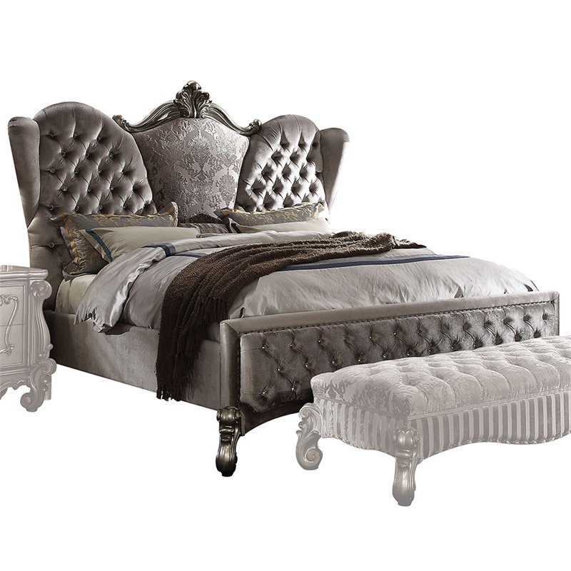 ACME Versailles Tufted Fabric and Wood California King Bed in Antique Platinum