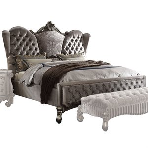 acme versailles tufted fabric and wood king bed in antique platinum
