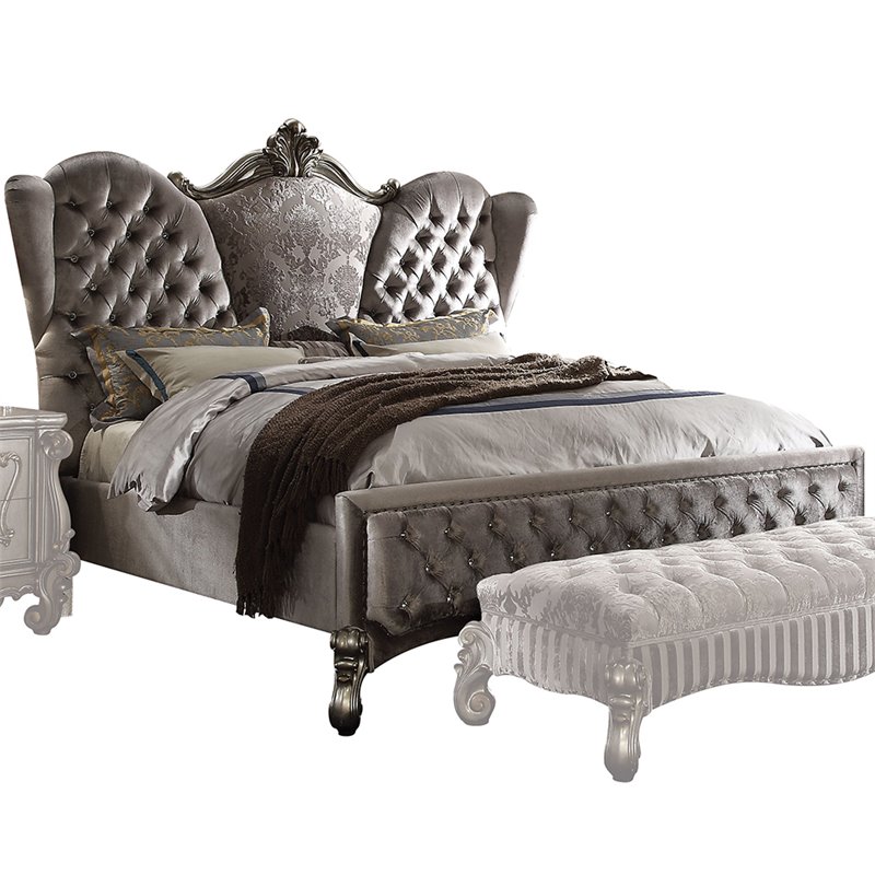 ACME Versailles Tufted Queen Panel Bed in Antique Platinum Gray Fabric