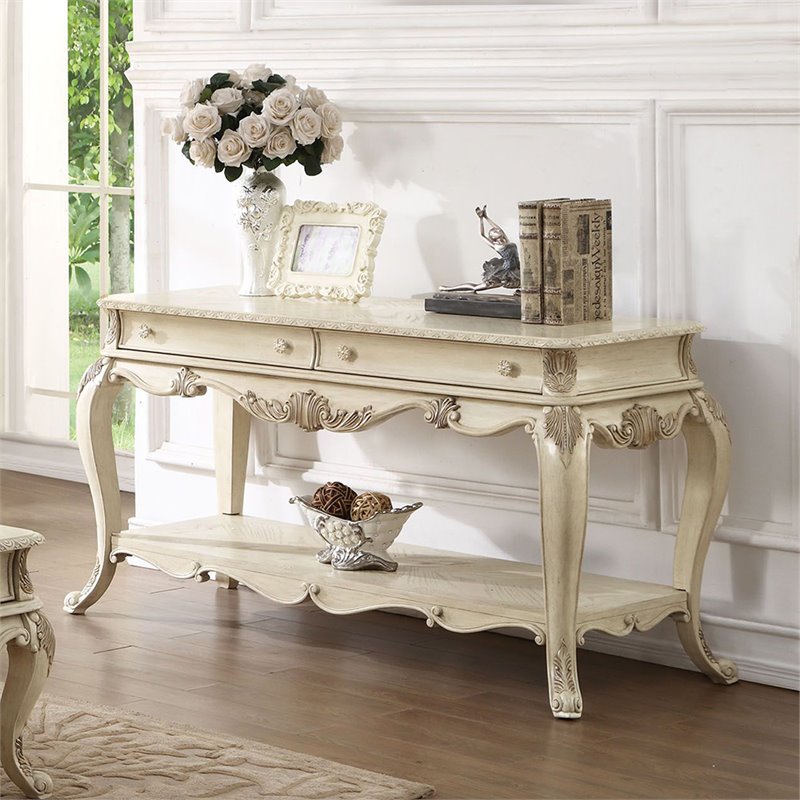 ACME Ragenardus 2 Drawer Wooden Console Table with Bottom Shelf in Antique White