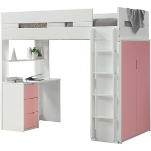 acme nerice wood twin storage loft bed in white and pink