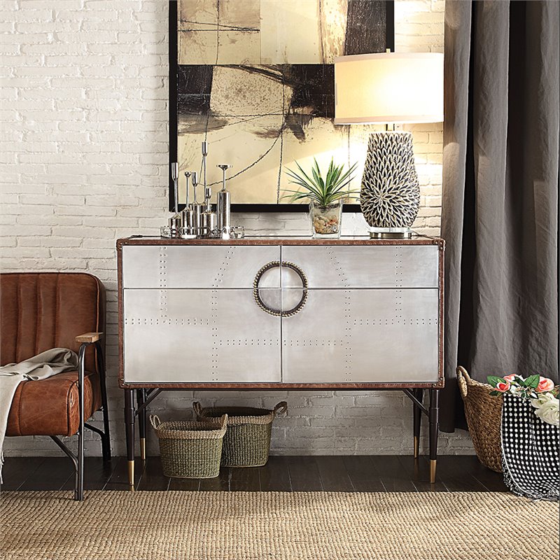 ACME Rosy Leather Top Console Table in Black and Silver